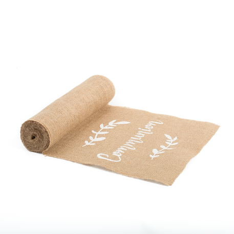 CHEMIN DE TABLE COMMUNION JUTE FLOQUÉE BLANC 28 CM X 5 M