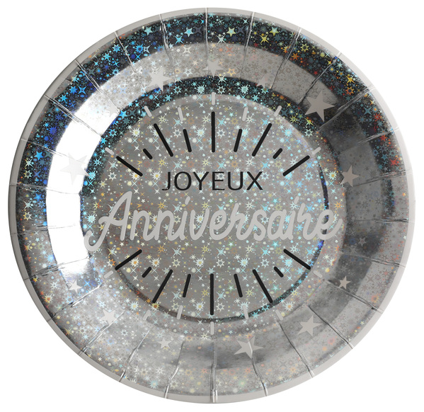 10 ASSIETTES "JOYEUX ANNIVERSAIRE" ARGENT ÉTINCELANT 22.5 CM