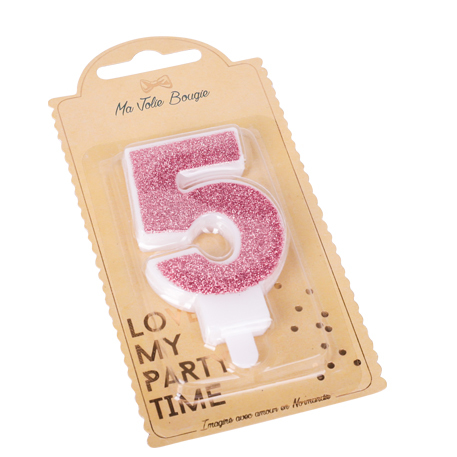 BOUGIE CHIFFRE "5" PAILLETTES ROSE GOLD 7.3CM AVEC BOBECHE