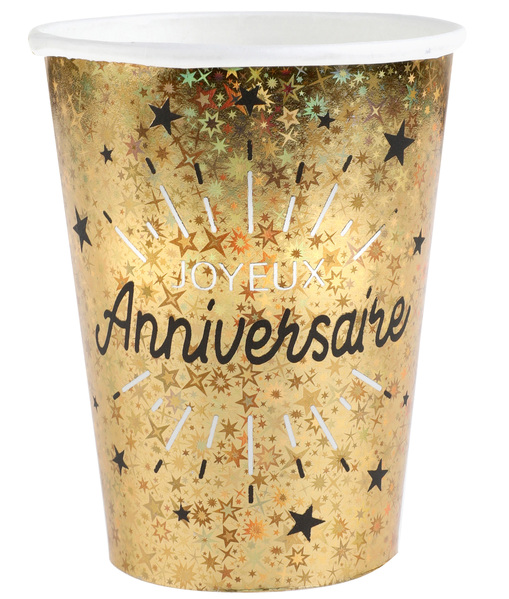 10 GOBELETS "JOYEUX ANNIVERSAIRE" OR ÉTINCELANT 27CL