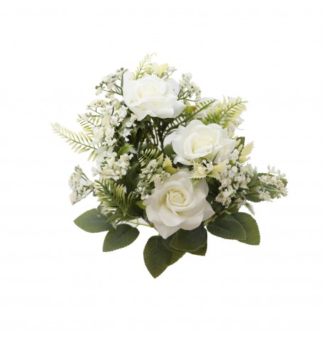 BOUQUET DE 5 ROSES AVEC FEUILLAGE BLANC