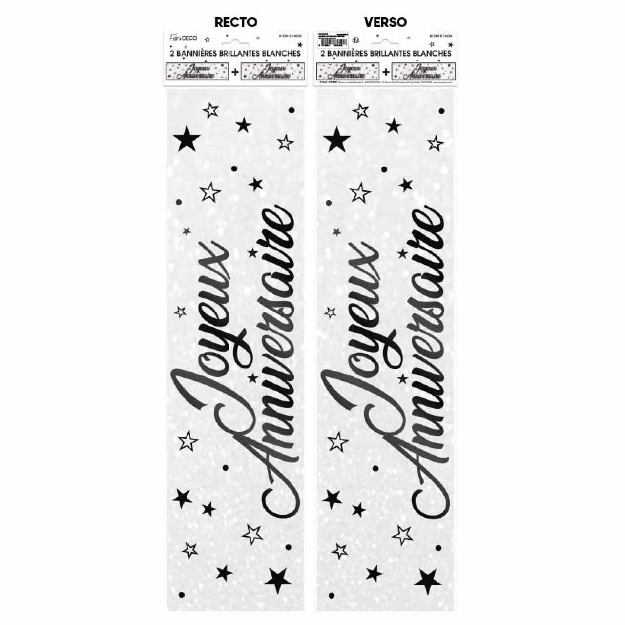 2 BANNIERES JOYEUX ANNIVERSAIRE METAL BLANC 61X16CM