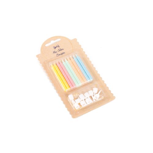 10 BOUGIES PAILLETTES PASTEL MULTI + BOBECHES