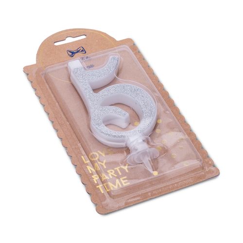BOUGIE CHIFFRE "5" CALLIGRAPHIE PAILLETTES ARGENT+BOBECHE
