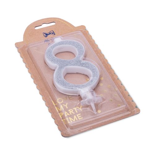 BOUGIE CHIFFRE "8" CALLIGRAPHIE PAILLETTES ARGENT 10.5 CM +BOBECHE