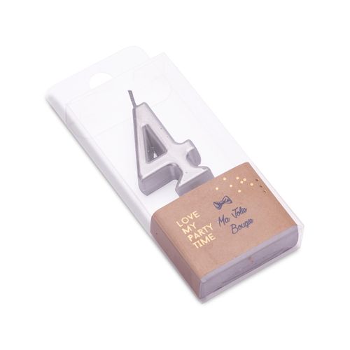 BOUGIE CHIFFRE "4" METALLISE ARGENT 4.3CM SUR PIC.
