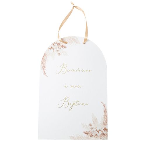 PANCARTE BIENVENUE À MON BAPTEME PAMPAS FLEURS DE COTON ET OR 25 X 38