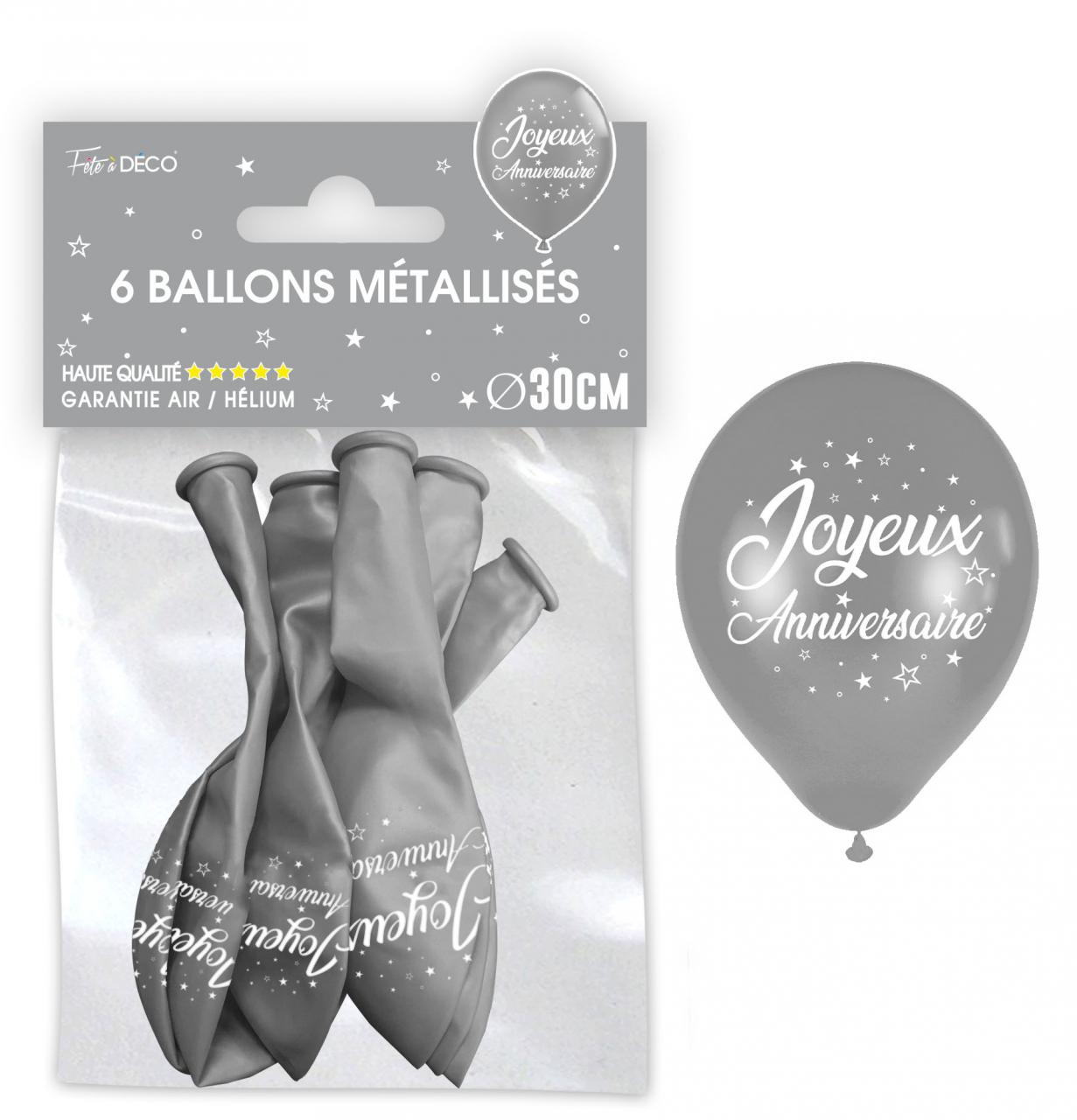 6 BALLONS MÉTALLISÉS "JOYEUX ANNIVERSAIRE" ARGENT