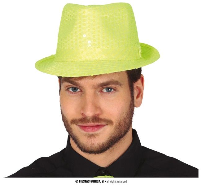 CHAPEAU BORSALINO GANGSTER STRASS JAUNE FLUO