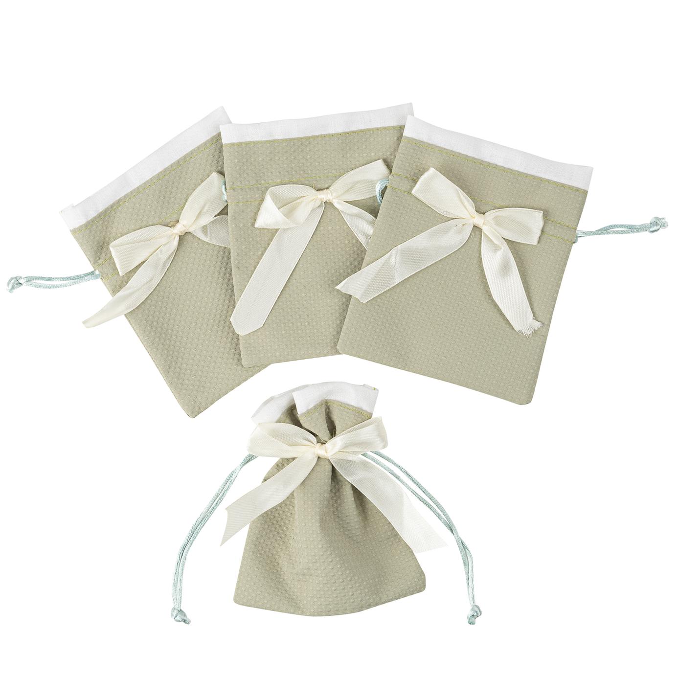 POCHON TISSU GAUFRÉ ET NŒUD SATIN VERT DE GRIS ET BLANC