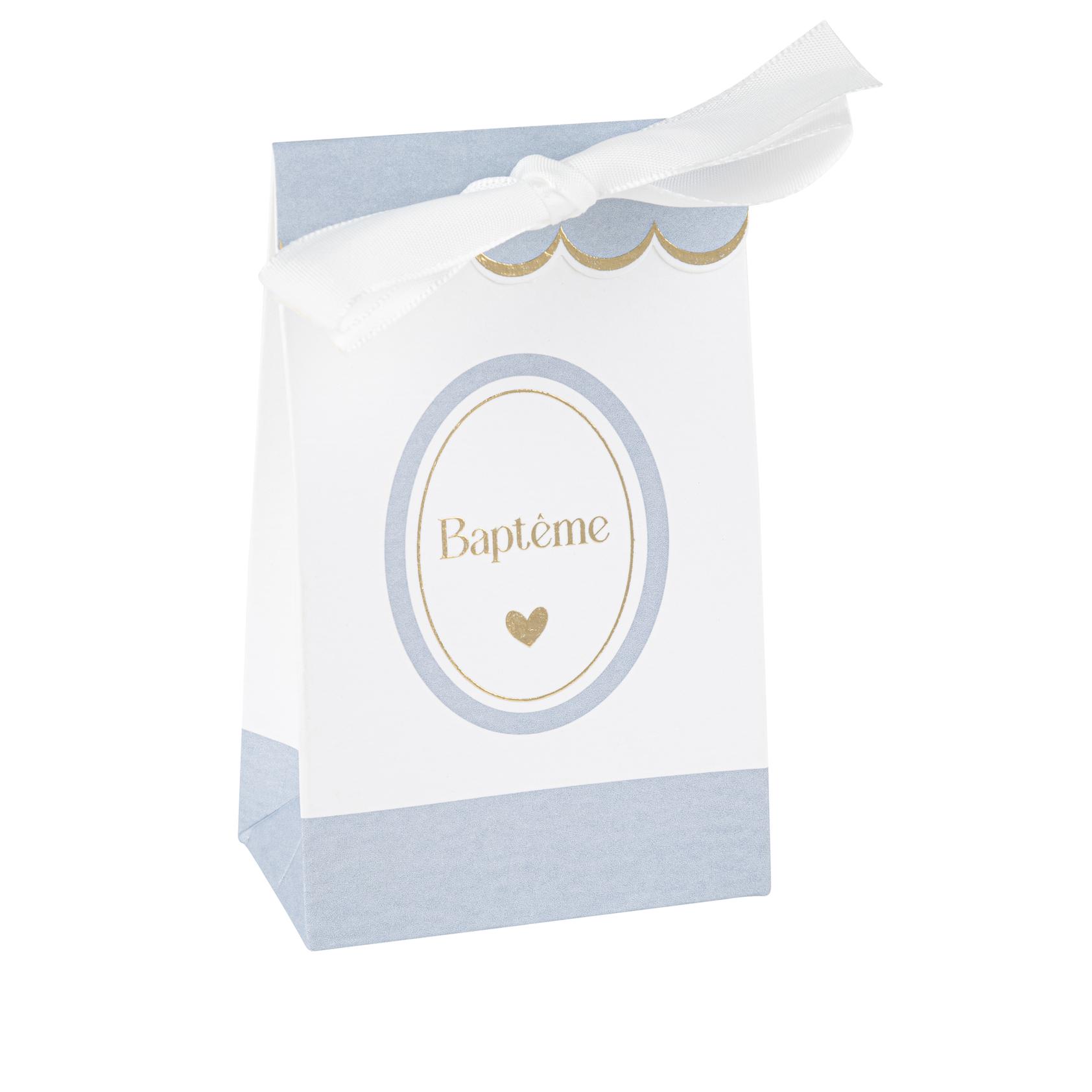 10 SACHETS "BAPTÊME" PAPIER BLEU ORAGE, BLANC ET OR